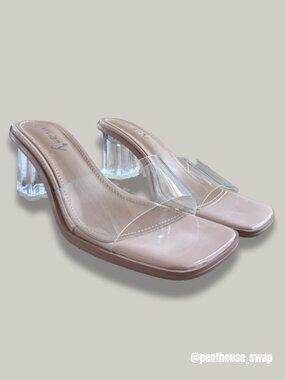 NWOT 2.5" Nude Block Heels with Square Toe and Clear Strap, Size 7.5